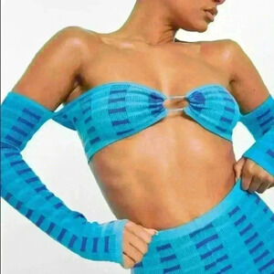 TURQUOISE TWO TONE SQUARE KNIT HALTERNECK TOP